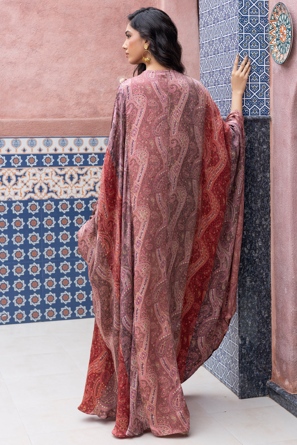Color-Blocked Paisley Printed Kaftan with Mirror Embroidered Yoke