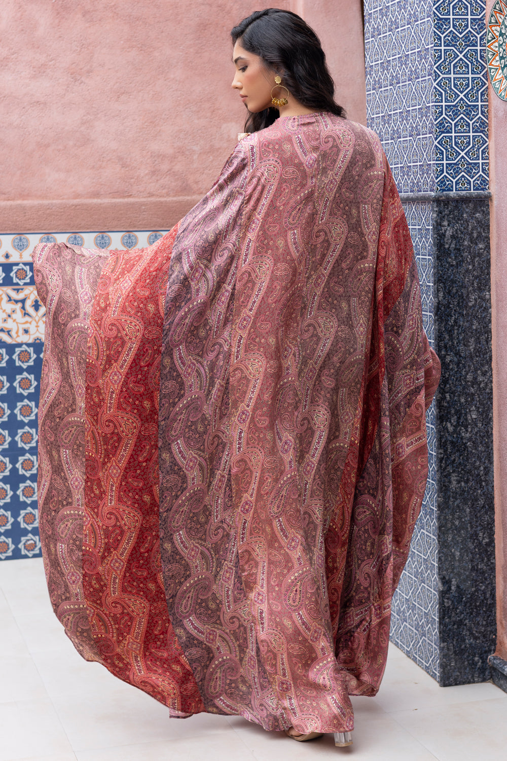 Color-Blocked Paisley Printed Kaftan with Mirror Embroidered Yoke