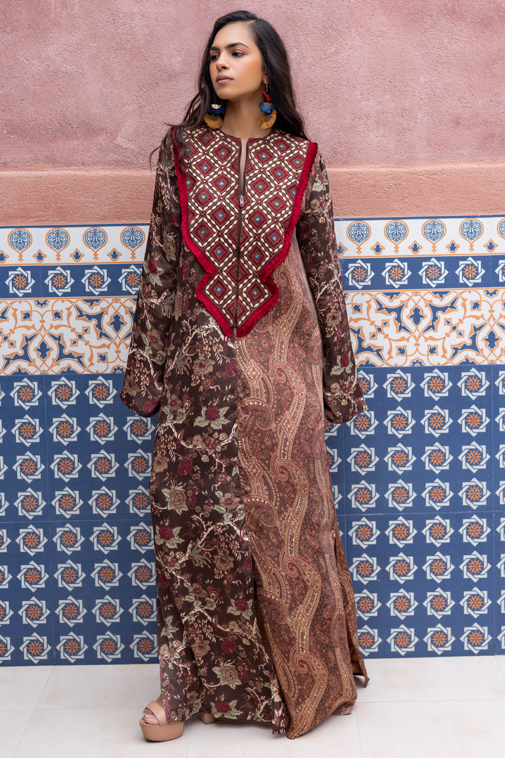 Brown Chintz and Paisley Color-Blocked Kaftan with Embroidered Yoke