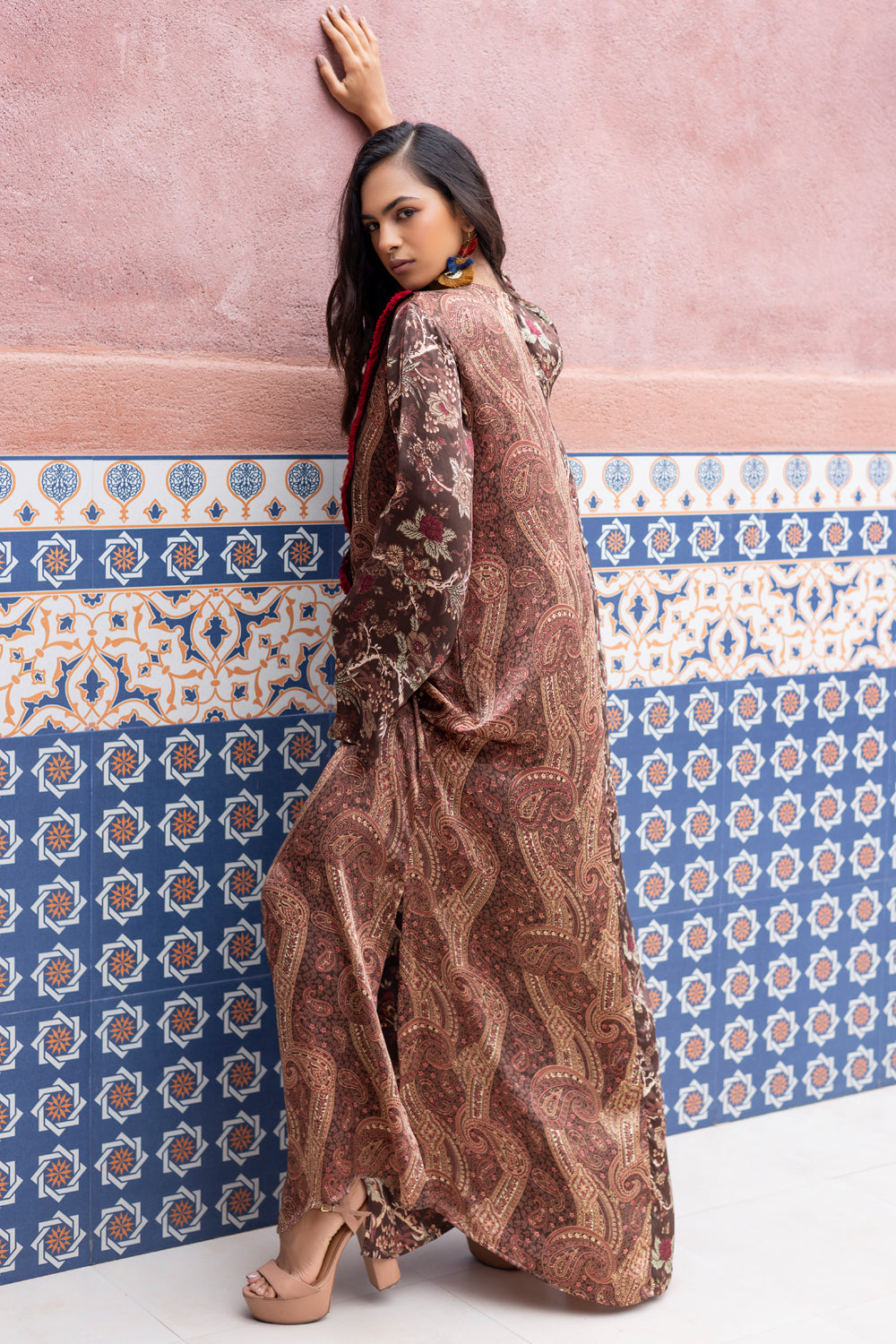 Brown Chintz and Paisley Color-Blocked Kaftan with Embroidered Yoke