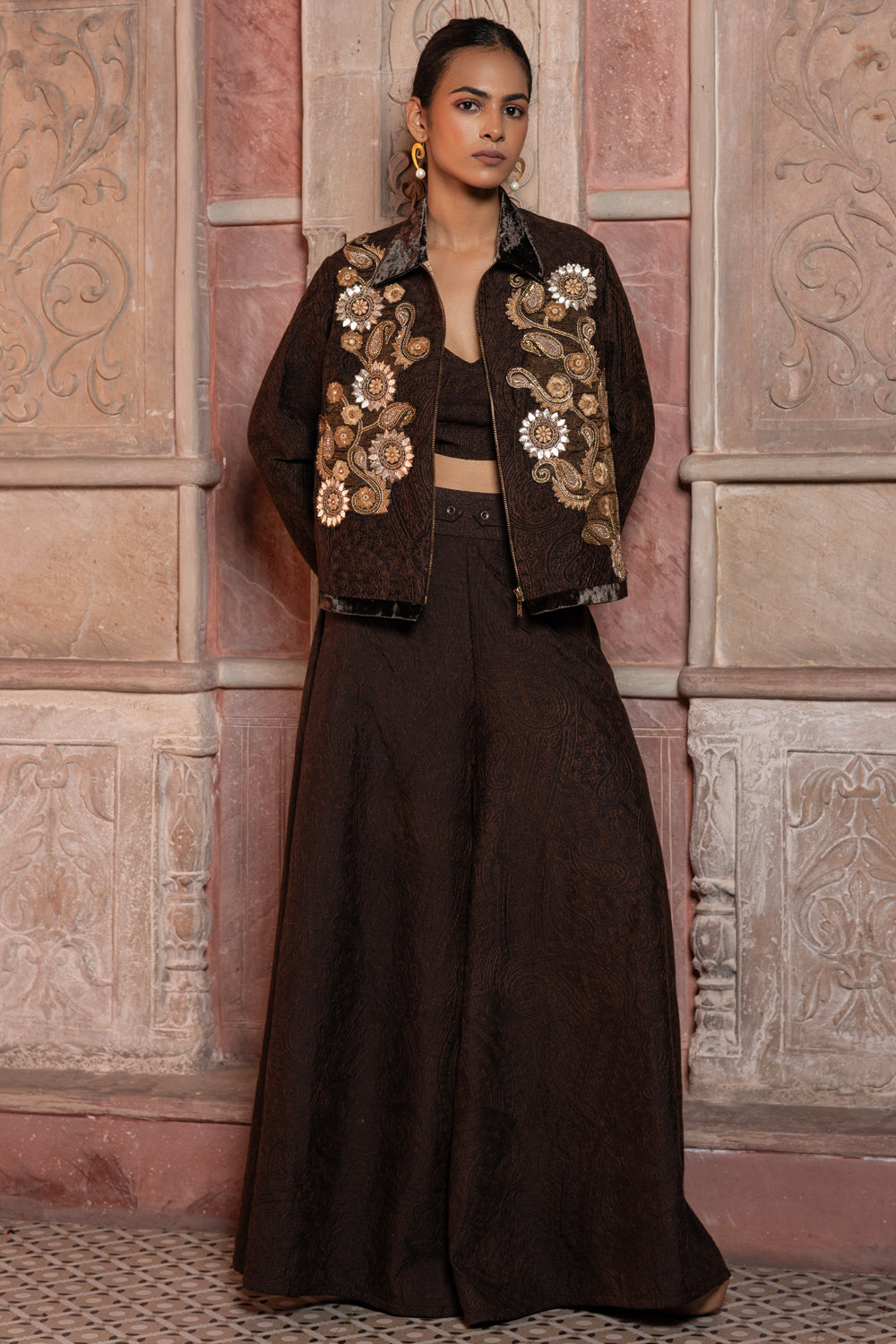 Brown Embroidered Long Jacket Set