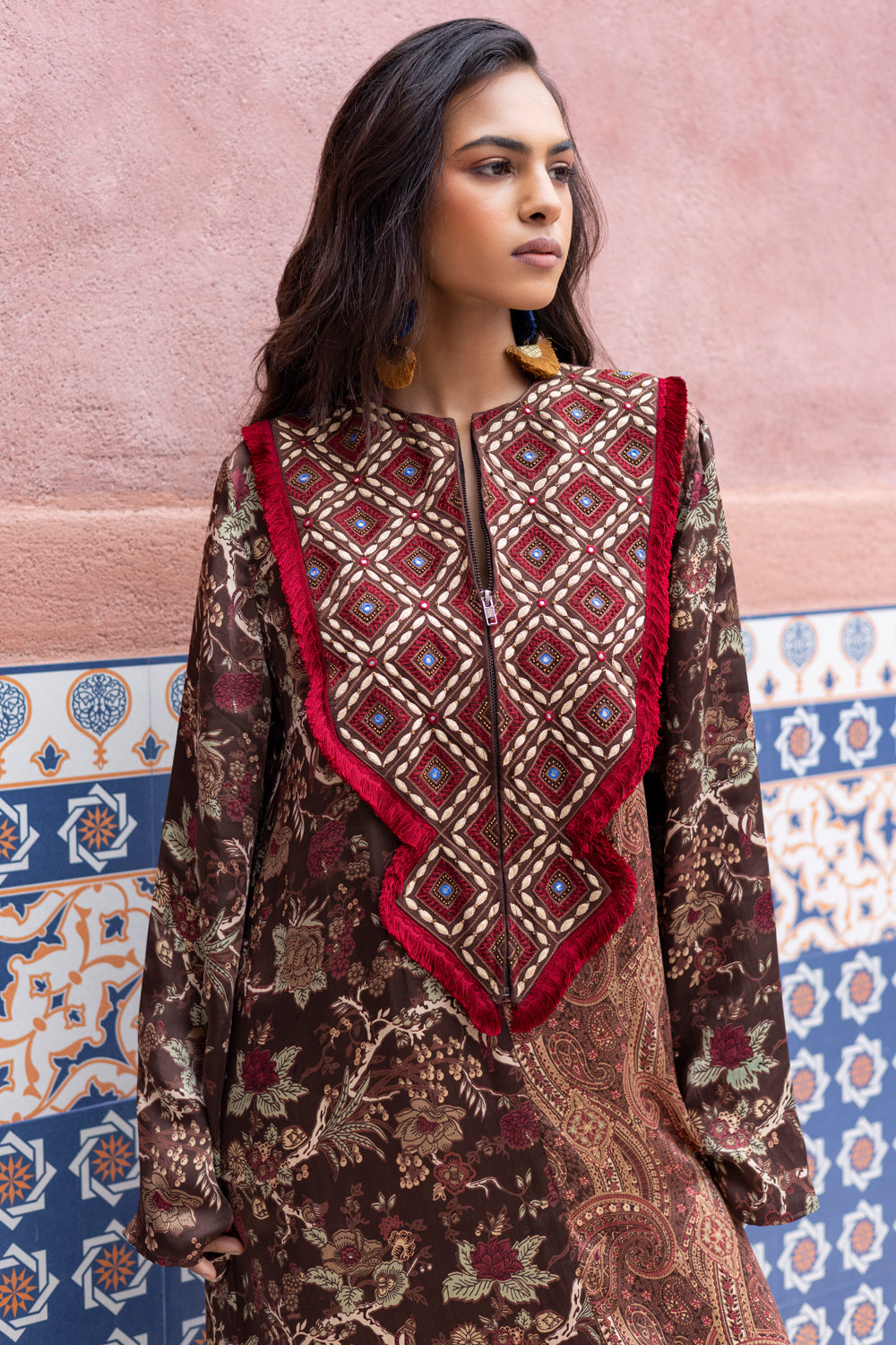 Brown Chintz and Paisley Color-Blocked Kaftan with Embroidered Yoke