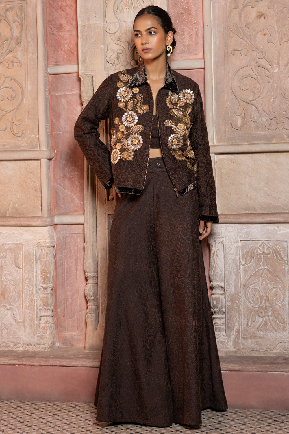 Brown Embroidered Long Jacket Set