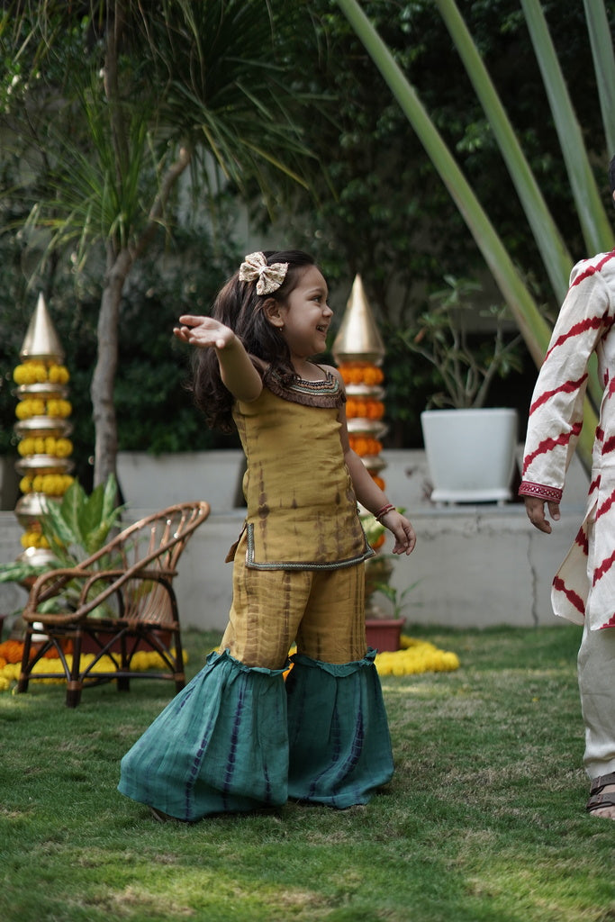 Ocher and teal tie and dye sharara set