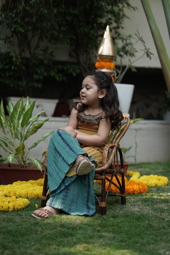 Ocher and teal tie and dye sharara set