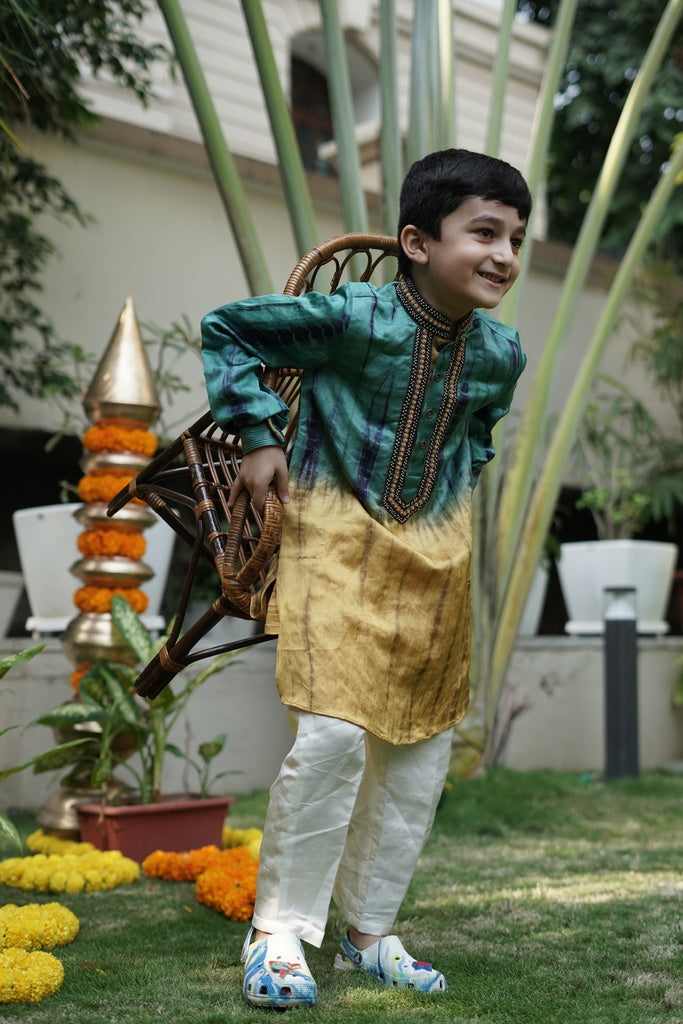 Yellow and blue shibori embroidered kurta with pants