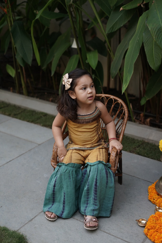 Ocher and teal tie and dye sharara set