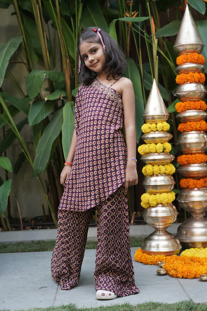Burgundy printed sharara with cape set