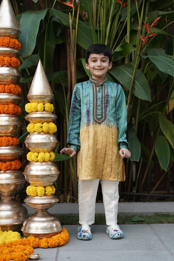Yellow and blue shibori embroidered kurta with pants