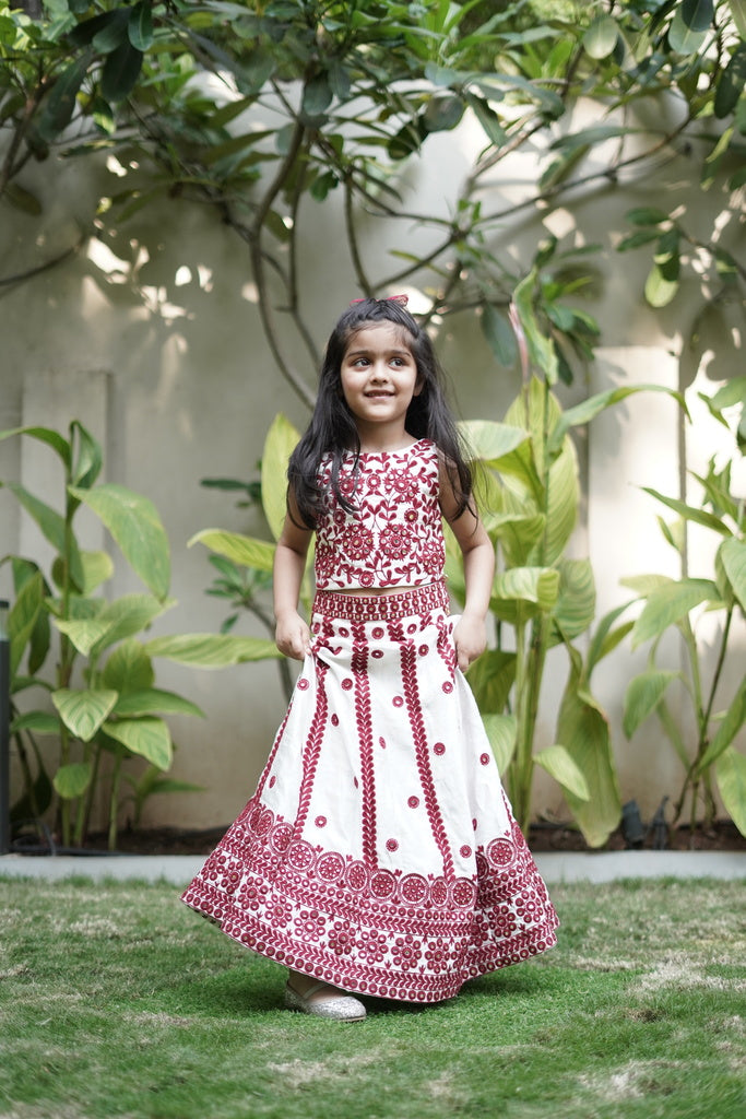 White and red mirrorwork lehanga with dupatta