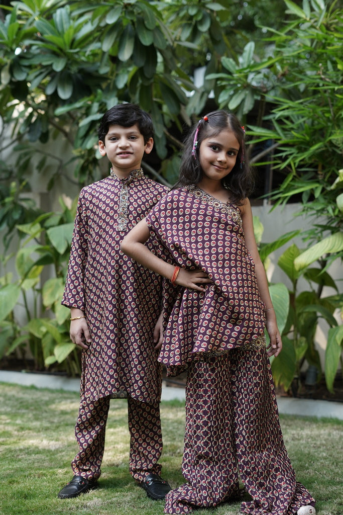 Burgundy printed sharara with cape set