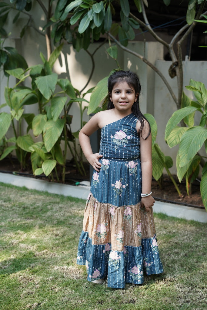 Brown and blue printed top and skirt