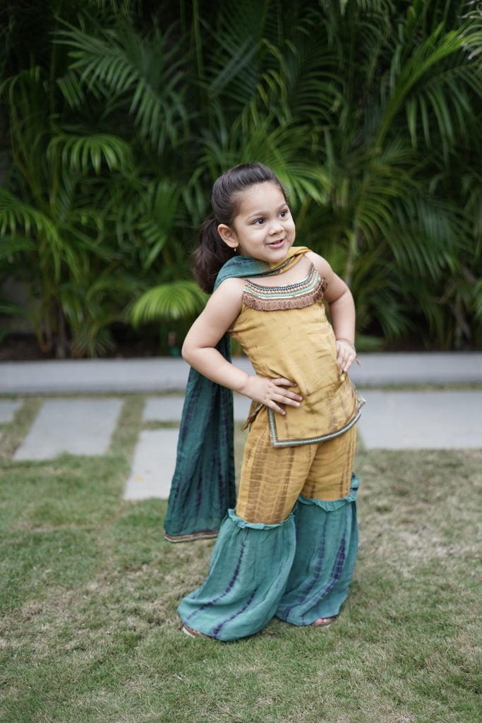 Ocher and teal tie and dye sharara set