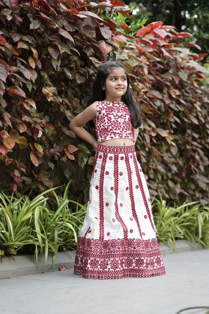 White and red mirrorwork lehanga with dupatta