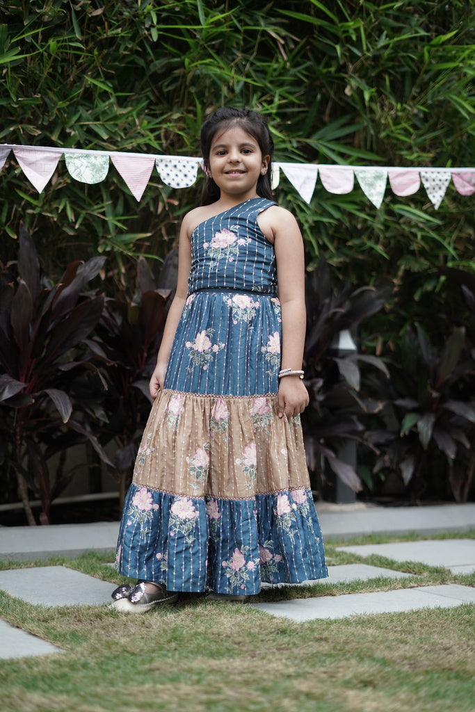 Brown and blue printed top and skirt