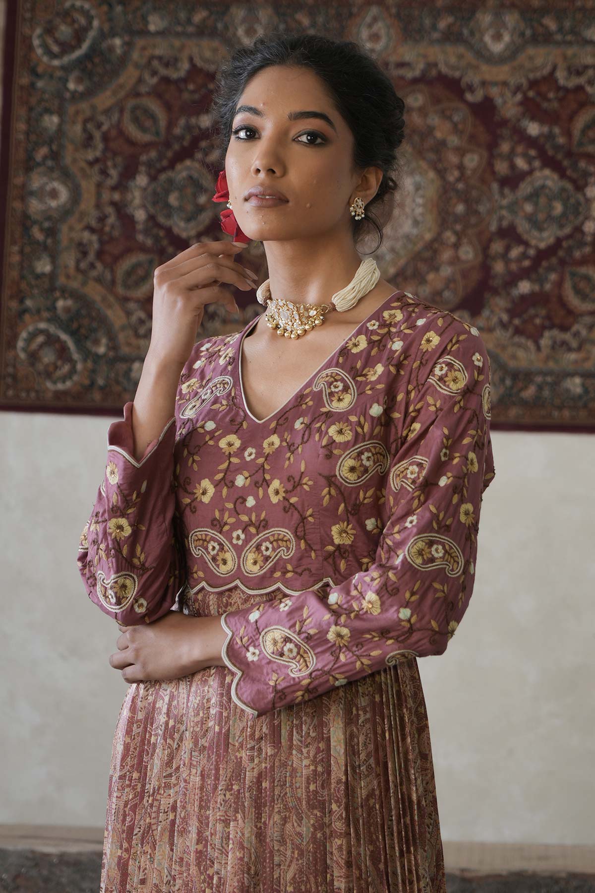 Salmon Pink Paisley Maxi with Embroidered Bodice