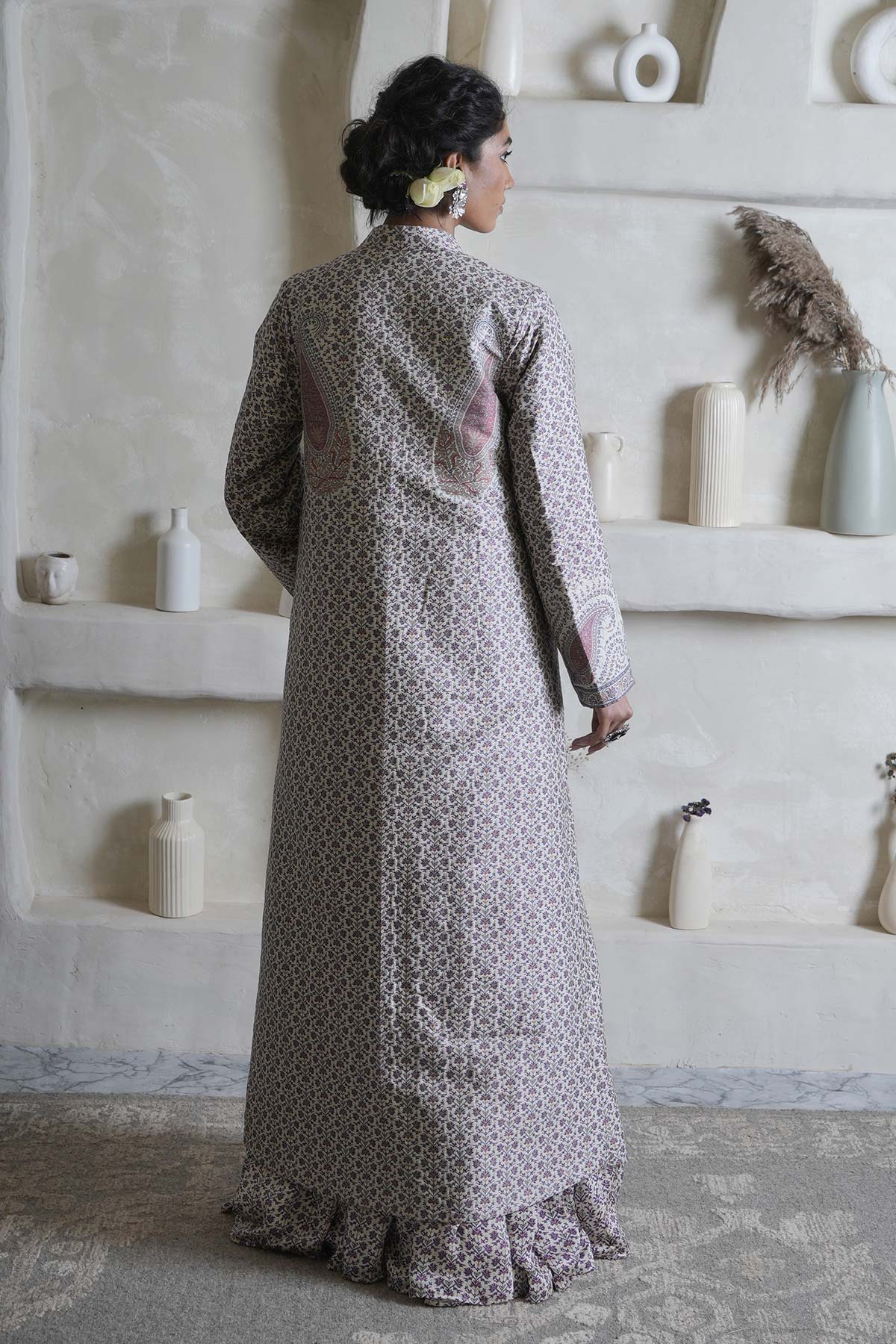 White paisley handloom woven moonga silk jamewar achkan
