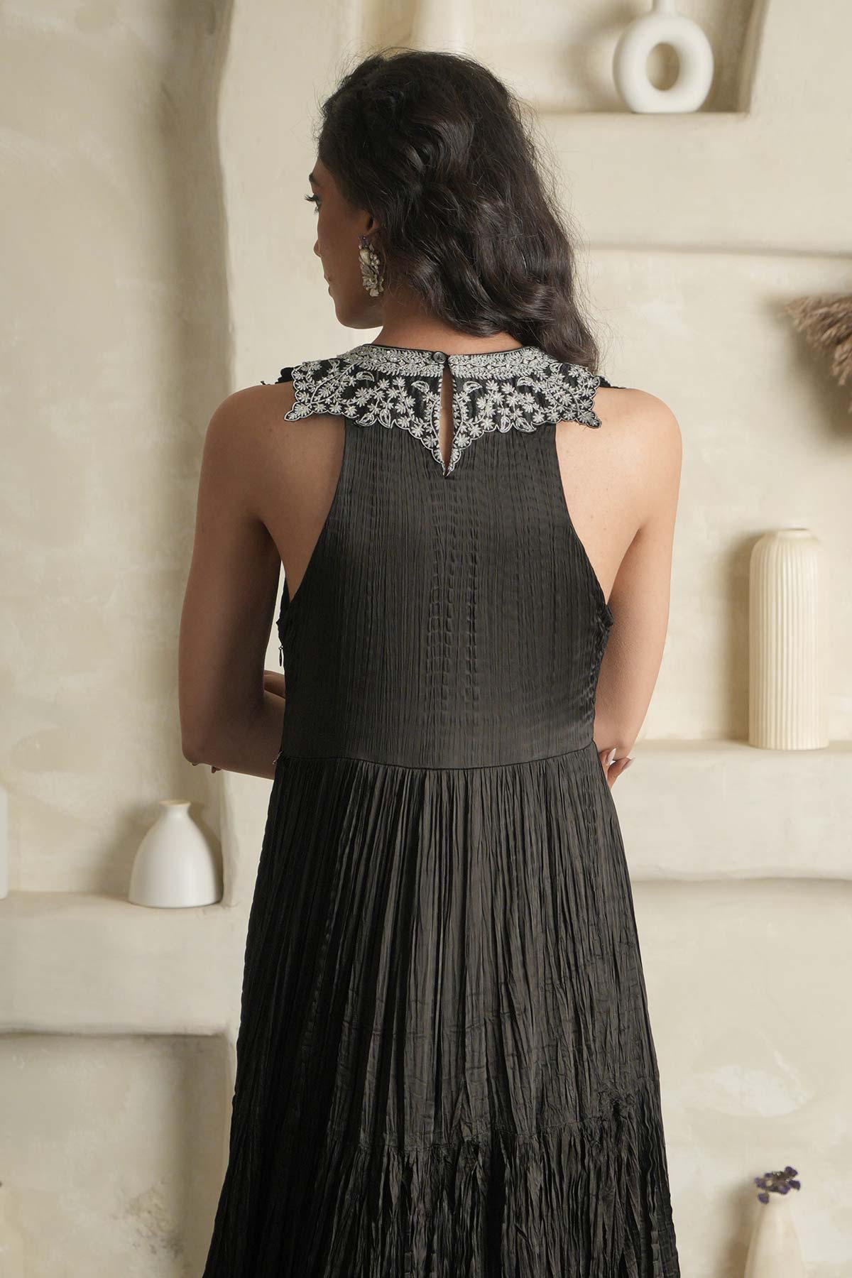 Black Satin Crushed Maxi with Embroidered Yoke & Hemline