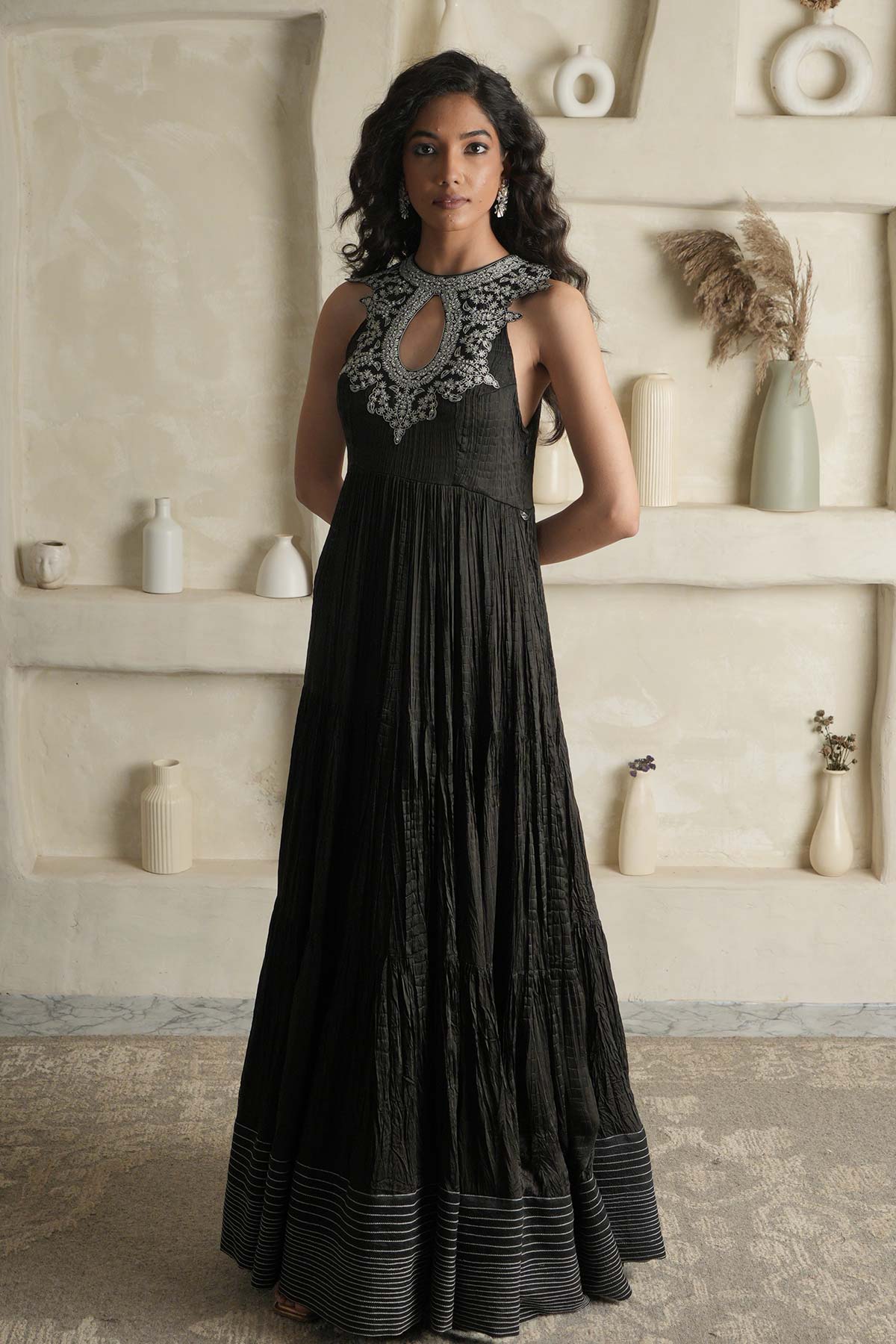 Black Satin Crushed Maxi with Embroidered Yoke & Hemline