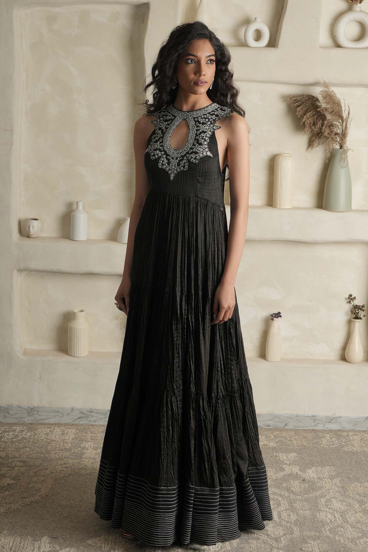 Black Satin Crushed Maxi with Embroidered Yoke & Hemline