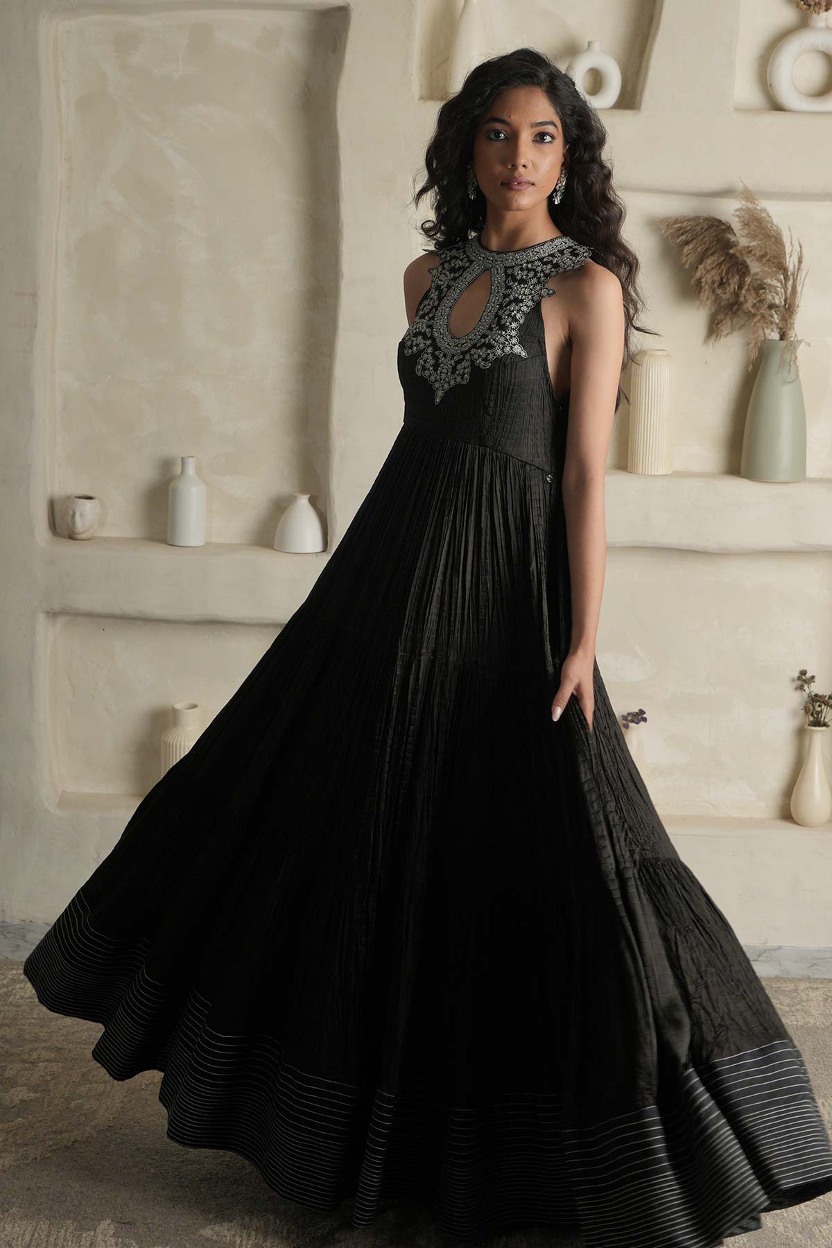 Black Satin Crushed Maxi with Embroidered Yoke & Hemline