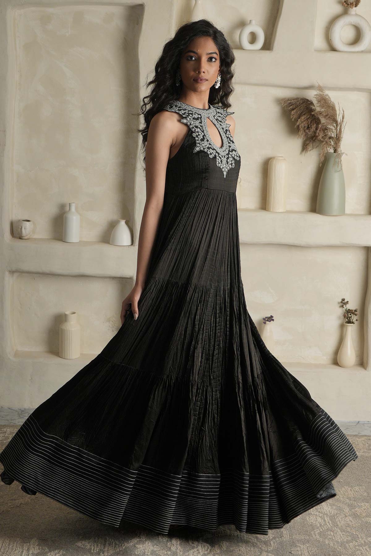 Black Satin Crushed Maxi with Embroidered Yoke & Hemline