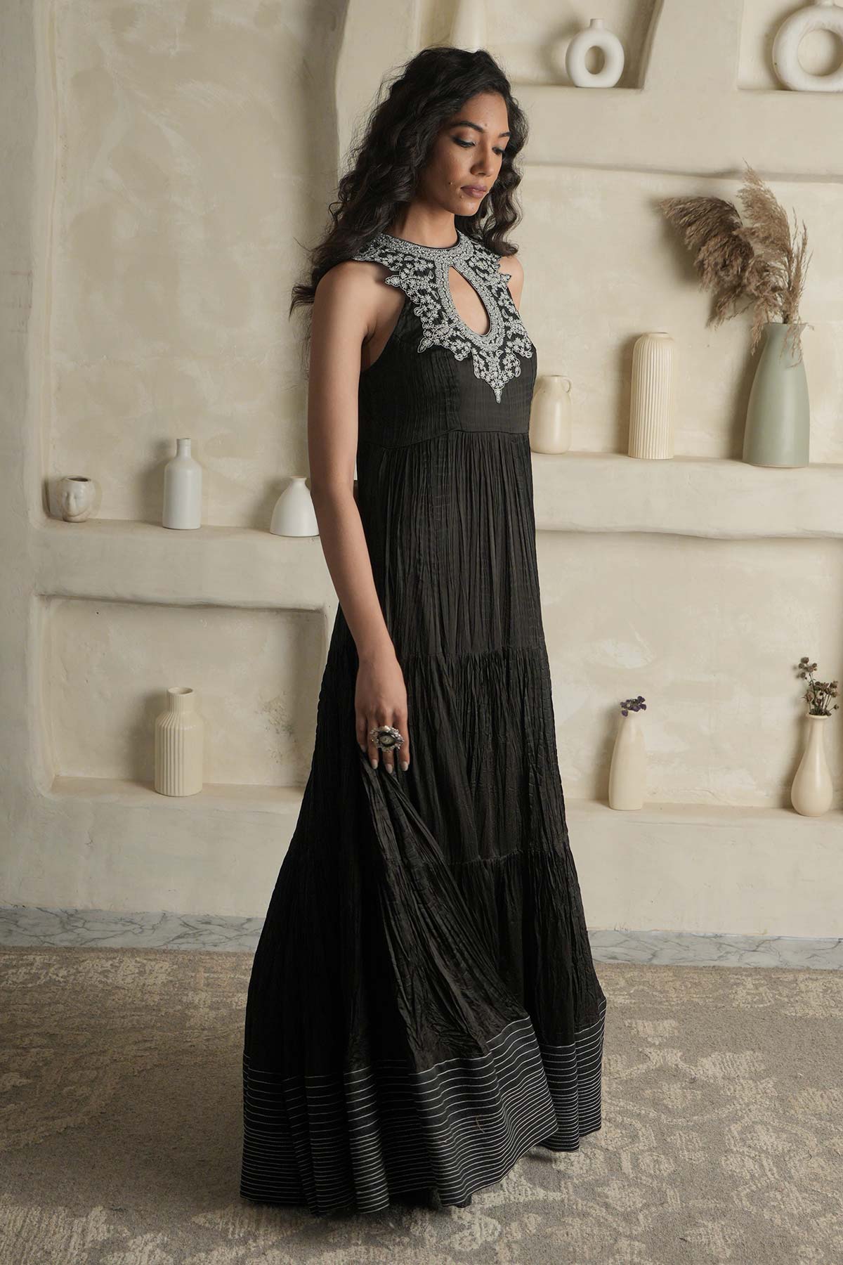 Black Satin Crushed Maxi with Embroidered Yoke & Hemline