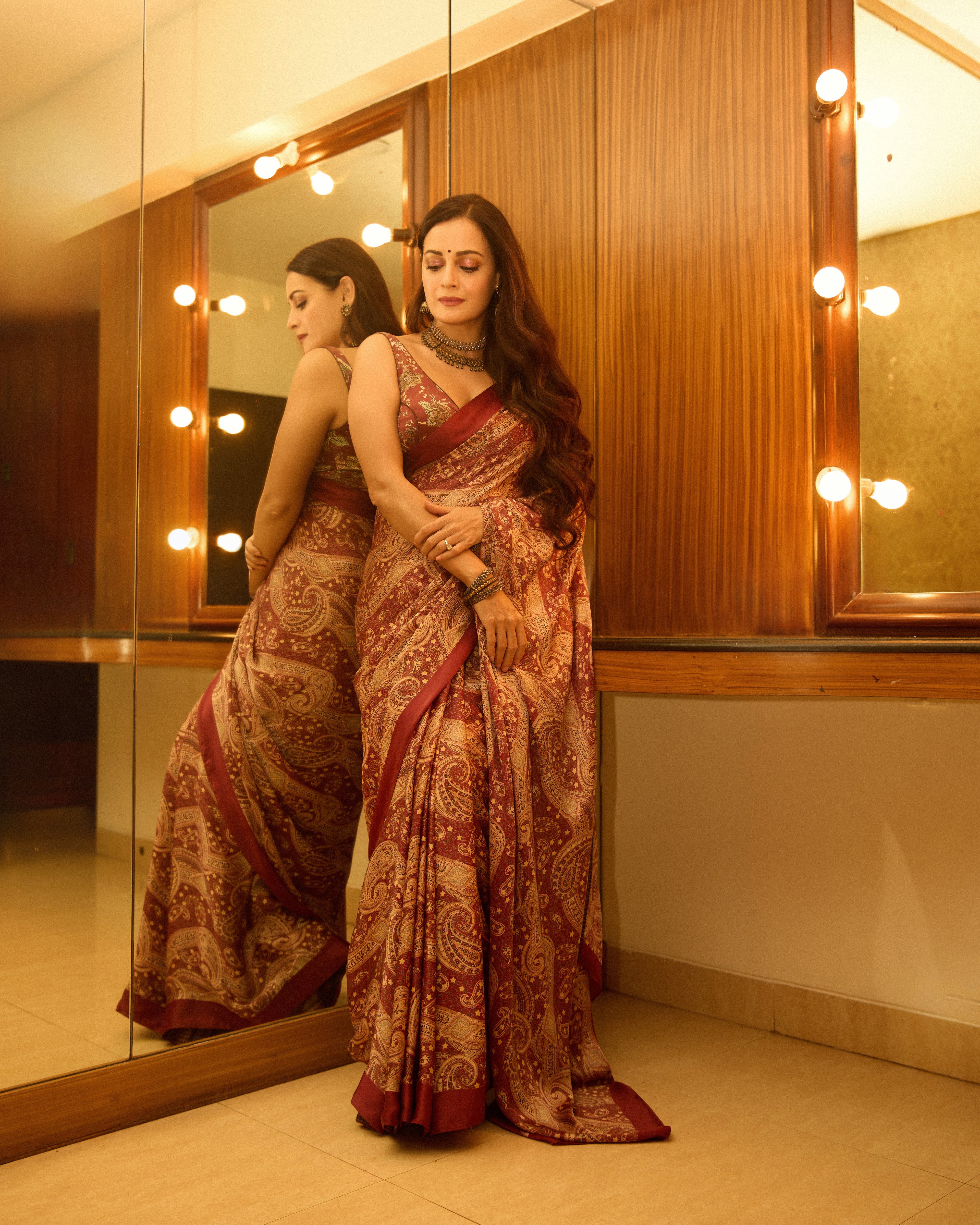 Dia Mirza in our Maroon Satin Paisley Printed Saree & Maroon Chintz Blouse