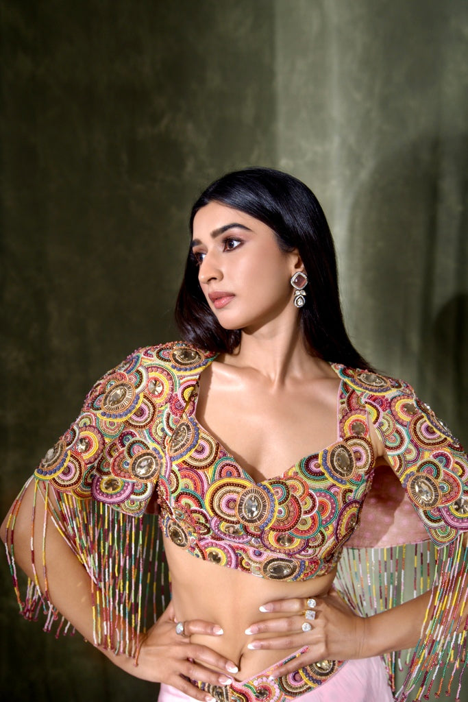 Pink brown ombre pants with colourful beadwork emb short cape with tassels and bustier