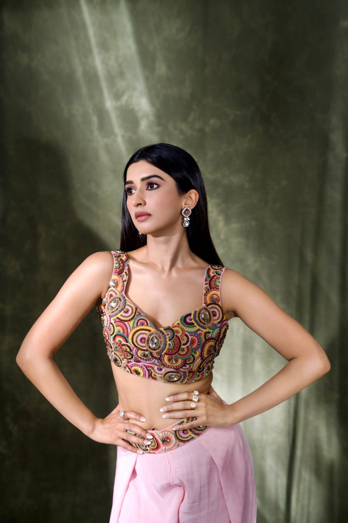 Pink brown ombre pants with colourful beadwork emb short cape with tassels and bustier