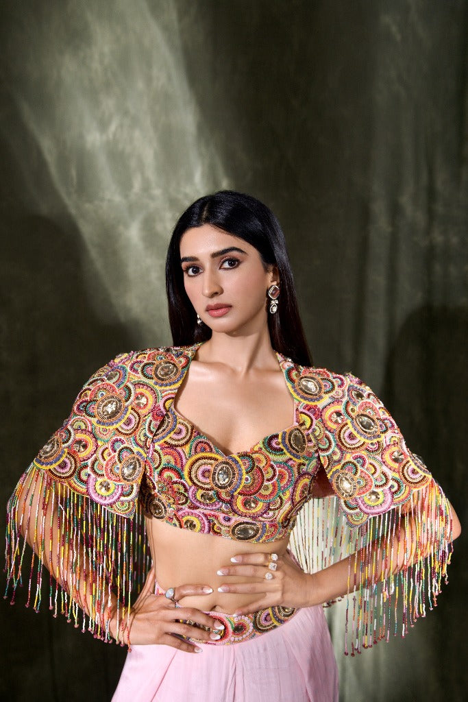 Pink brown ombre pants with colourful beadwork emb short cape with tassels and bustier