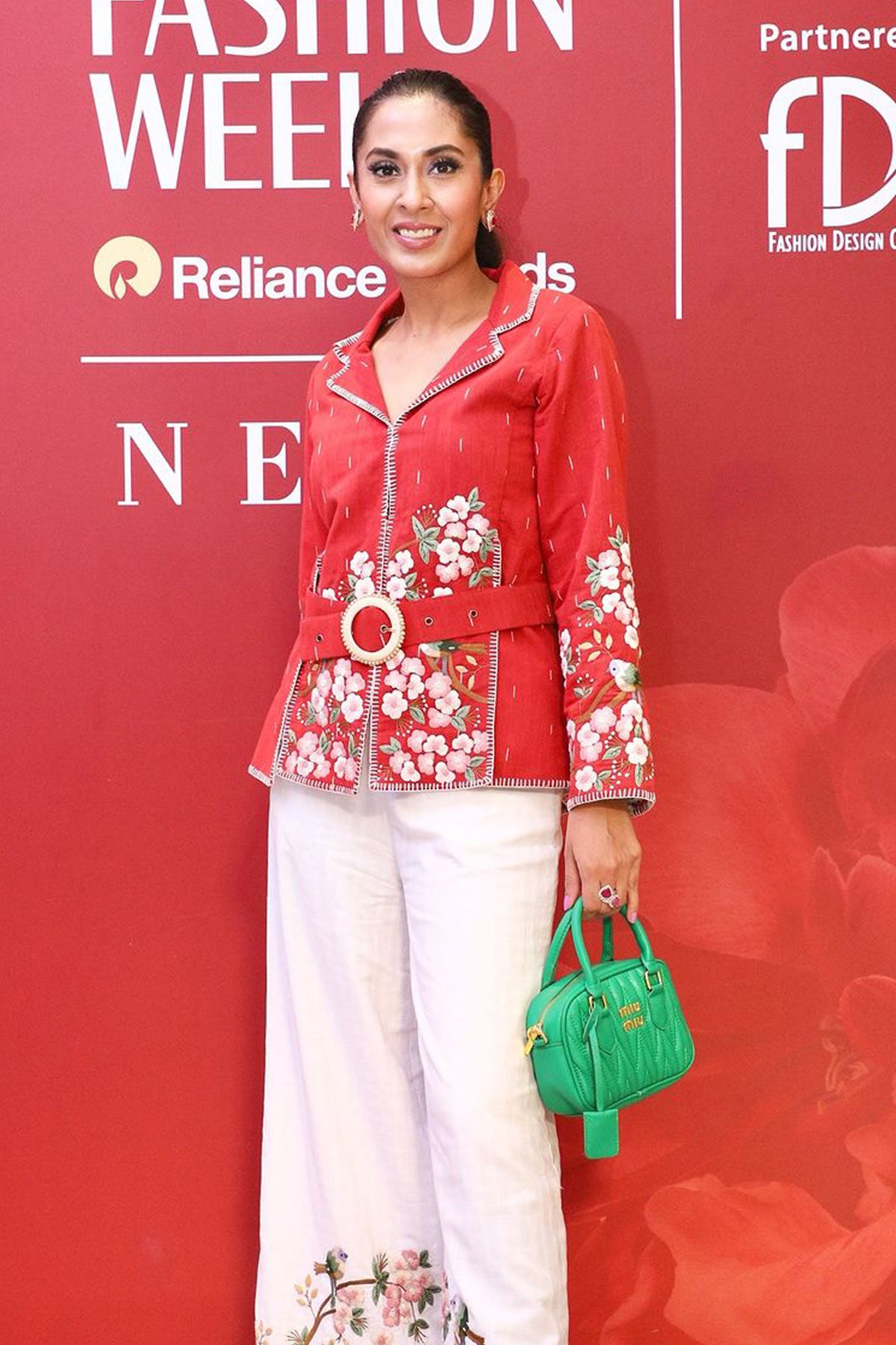 Red cotton jamdani embroidered shacket with belt