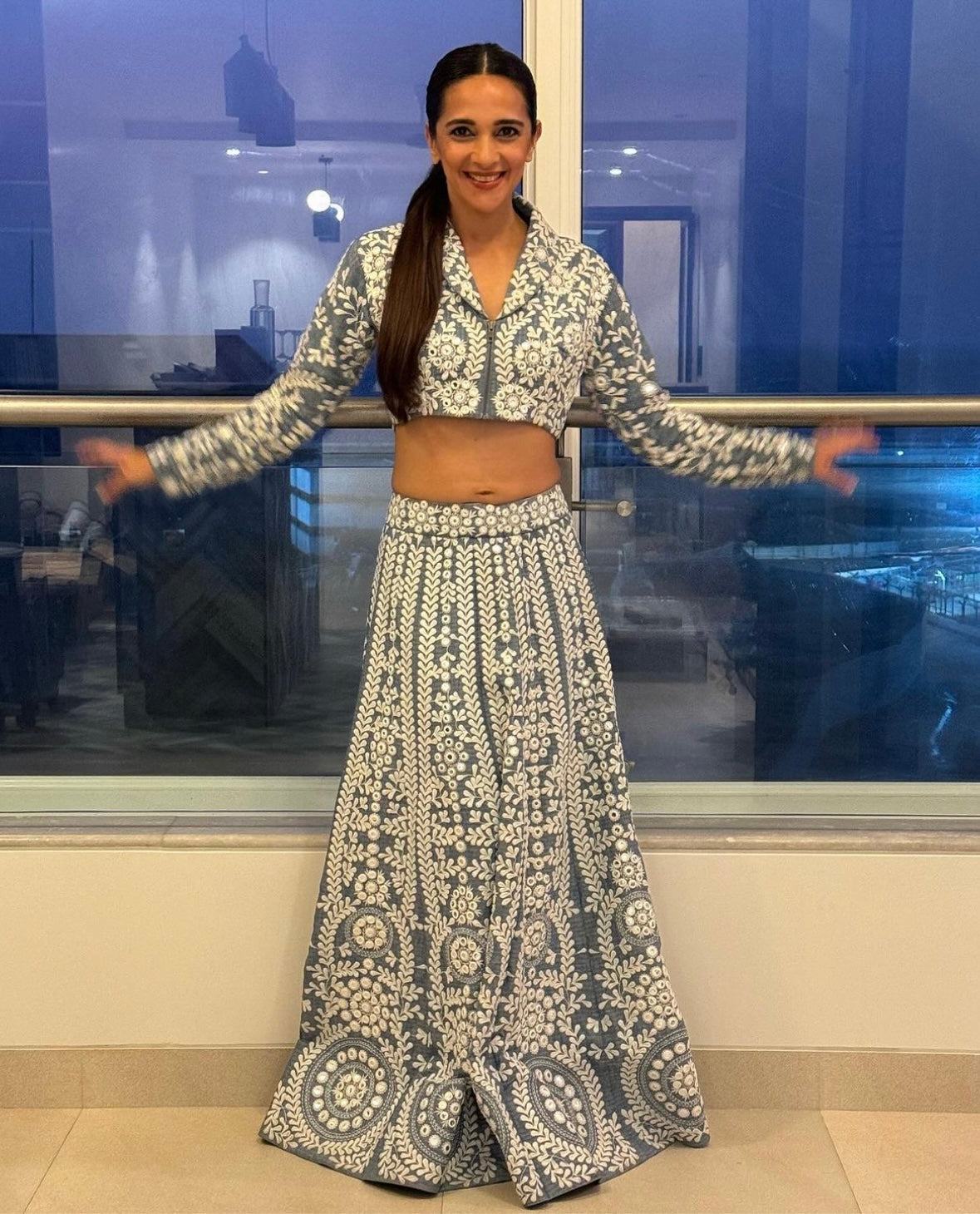 Tara Sharma in our Blue khaadi mirror  embroidered kalidar skirt  with embroidered top