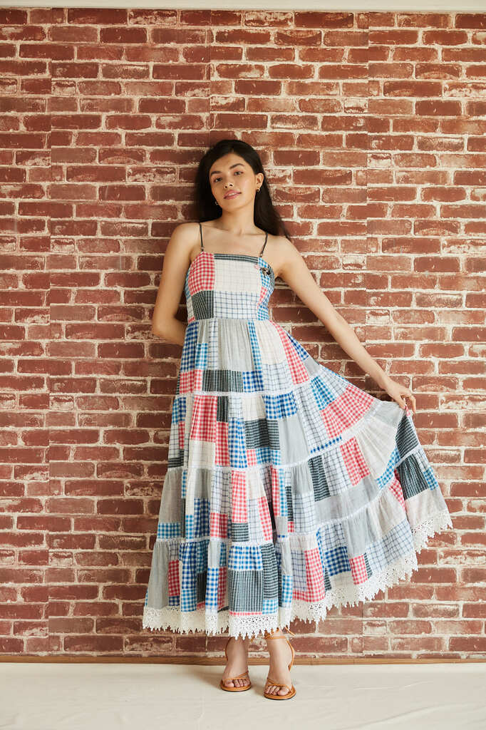 Cotton check patchwork tiered strappy midi