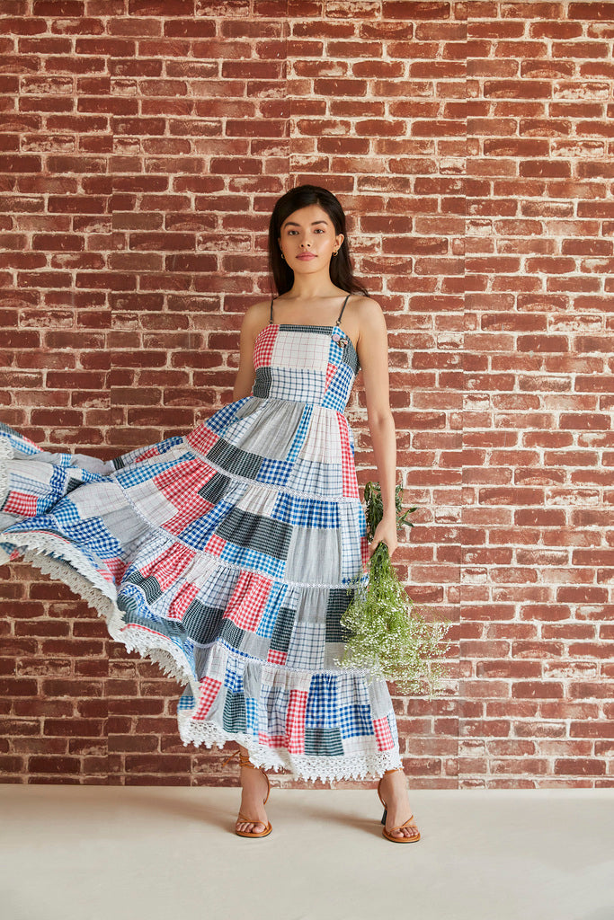 Cotton check patchwork tiered strappy midi