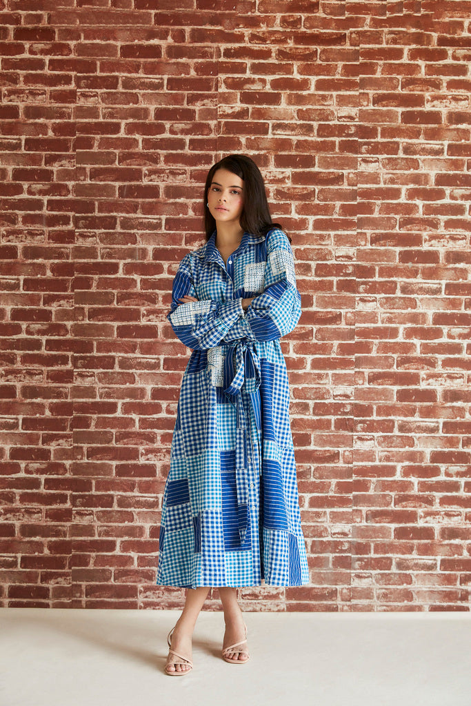 Blue check spliced cotton shirt dress