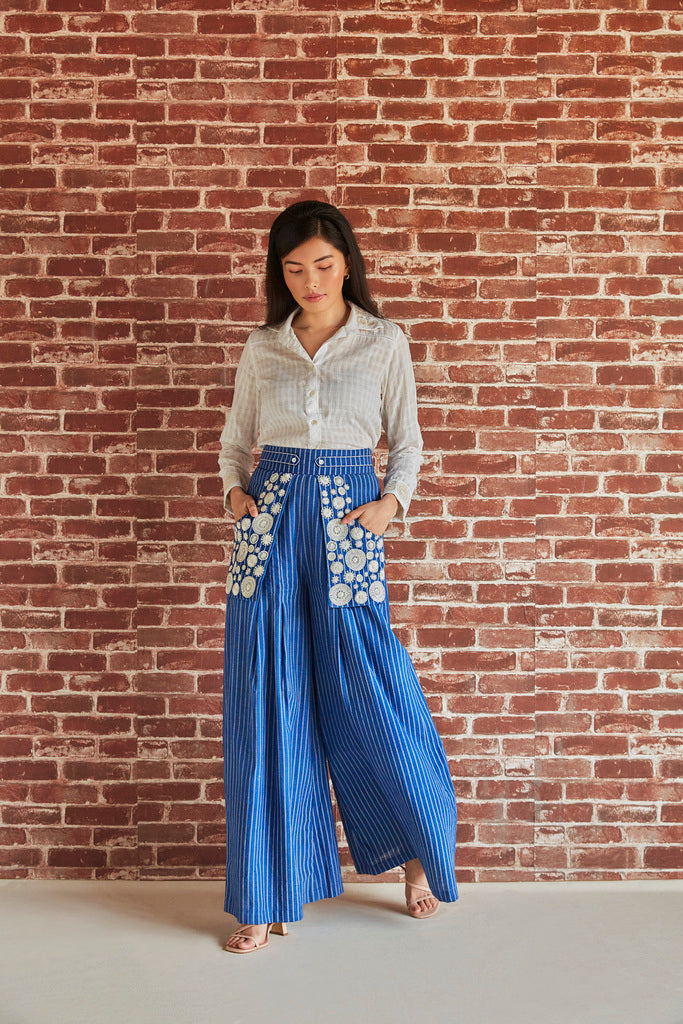 Blue cotton stripe palazzo pants with embroidered pockets