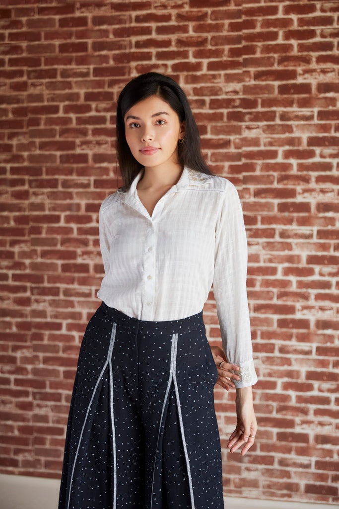 White cotton full sleeve embroidered shirt