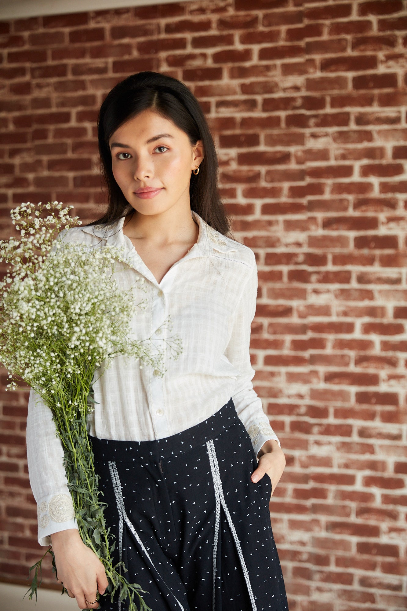 White cotton full sleeve embroidered shirt