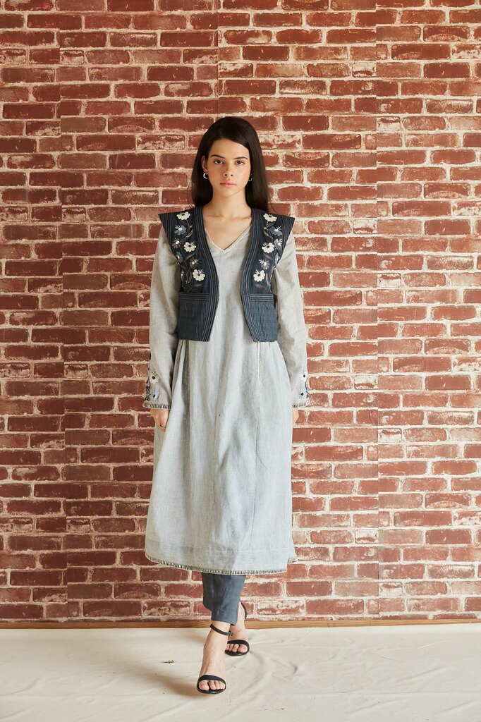 Grey cotton striped kalidar embroidered kurta with pants