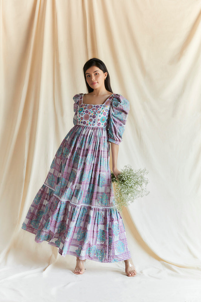 White printed maxi with embroidered bodice and puff sleeves