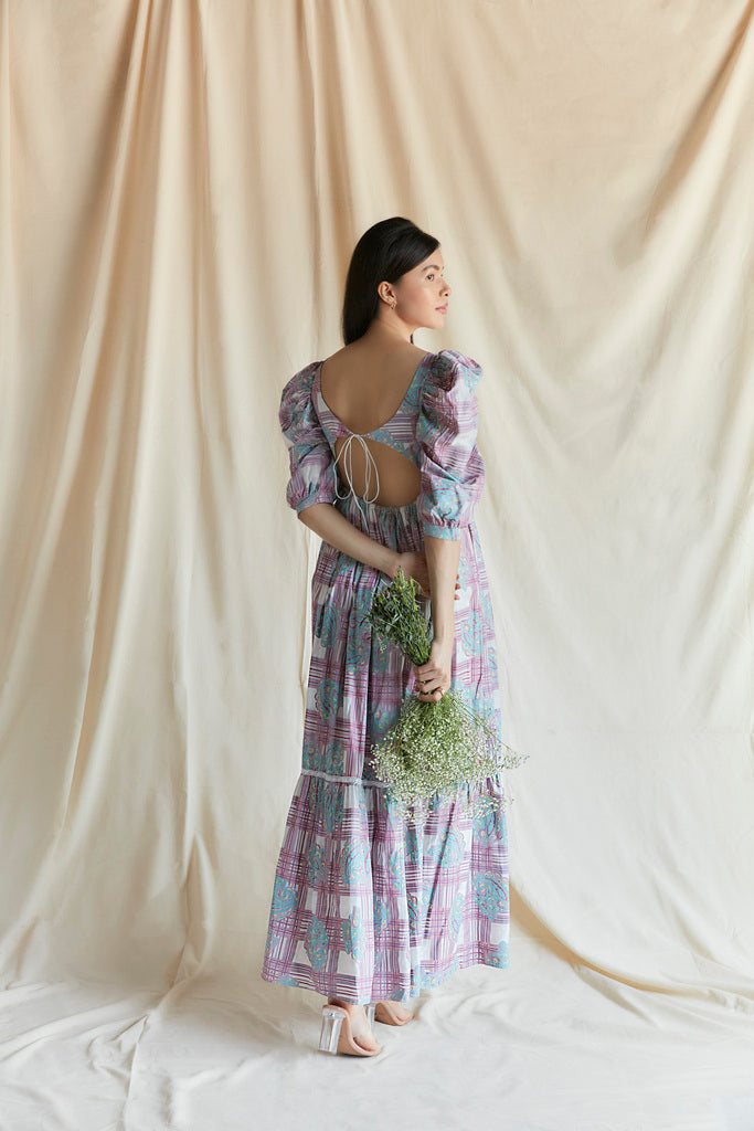 White printed maxi with embroidered bodice and puff sleeves