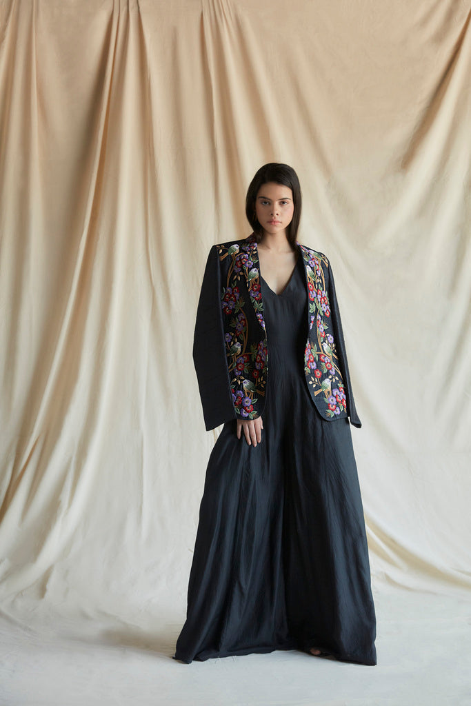 Black raw silk embroidered blazer