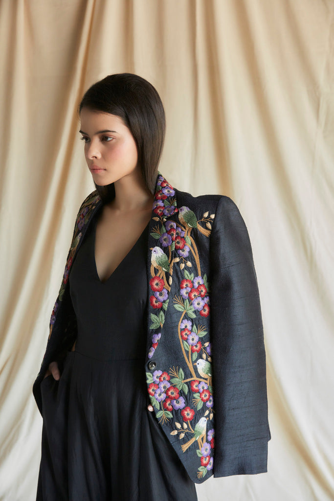 Black raw silk embroidered blazer