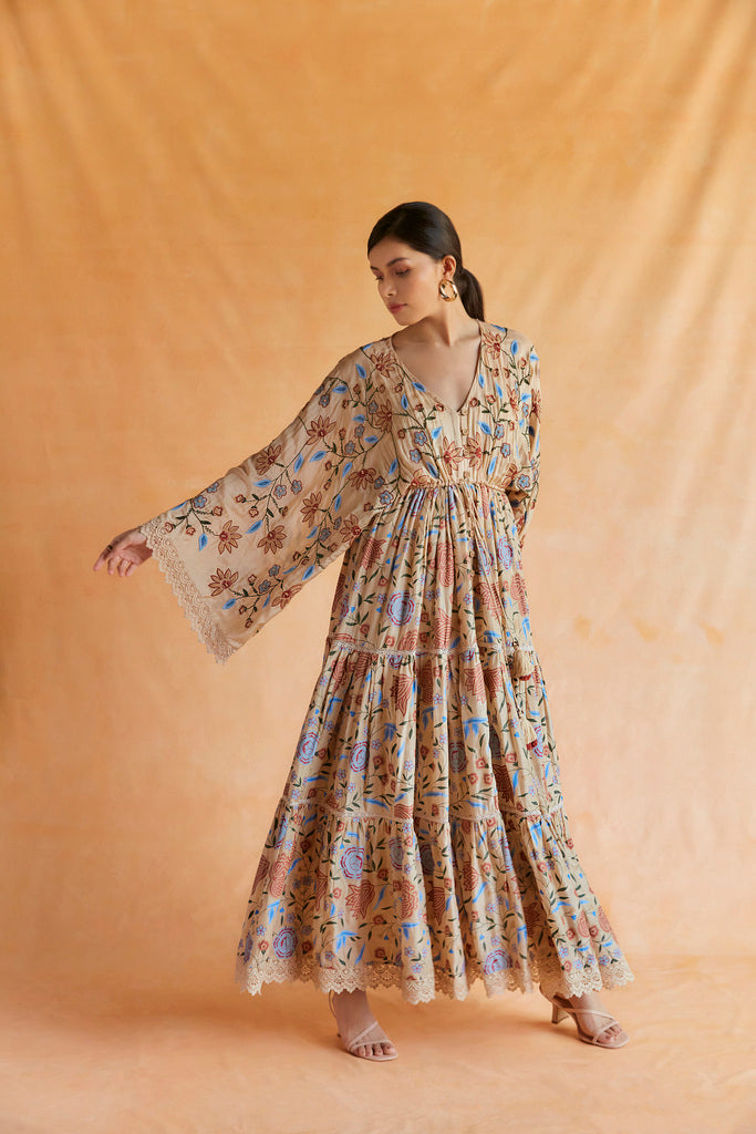 Beige mul chintz printed kimono dress Beige mul chintz printed kimono dress