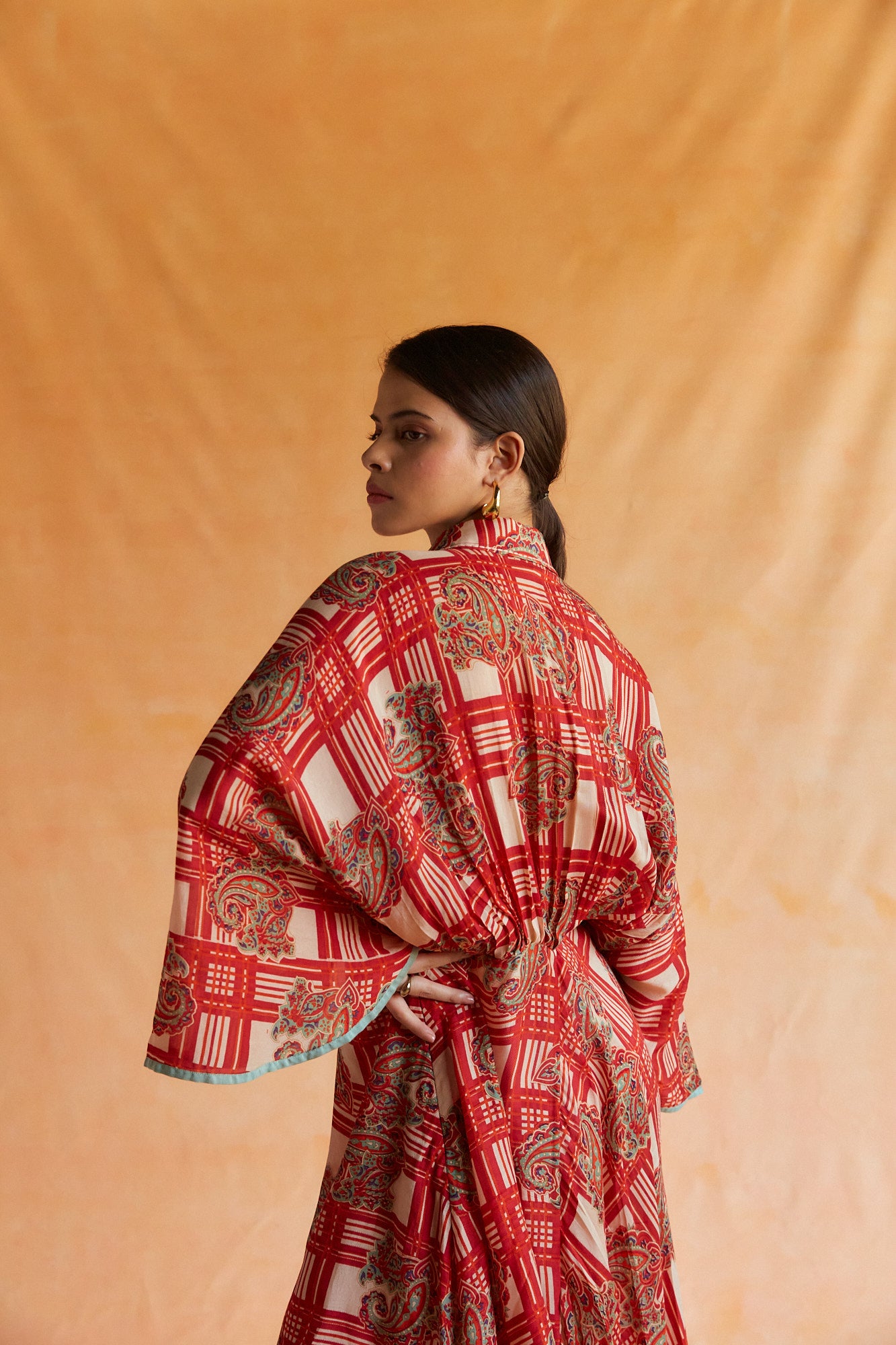 Beige and red mul paisley printed kimono dress