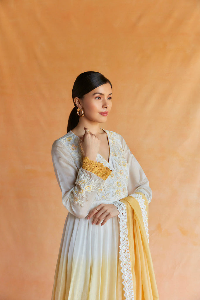 White and yellow Ombre embroidered angarakha maxi with dupatta