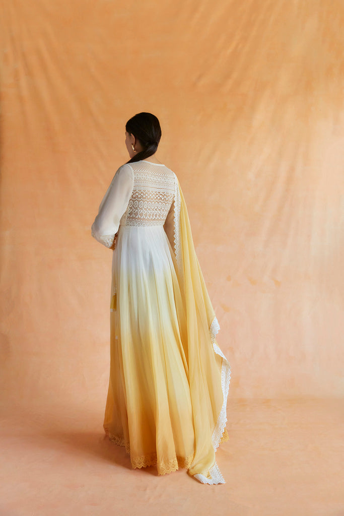 White and yellow Ombre embroidered angarakha maxi with dupatta