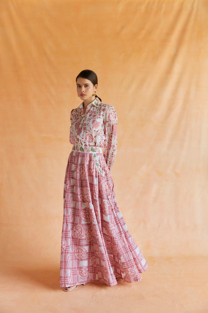 Pink on white printed embroidered shirt with printed skirt