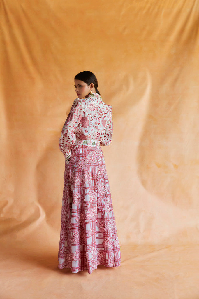 Pink on white printed embroidered shirt with printed skirt